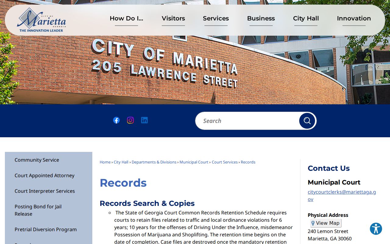 Marietta criminal records Municipal Court page